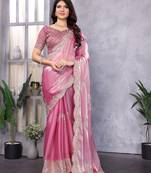 Baby pink shimmer chiffon butta embroidery work bollywood saree