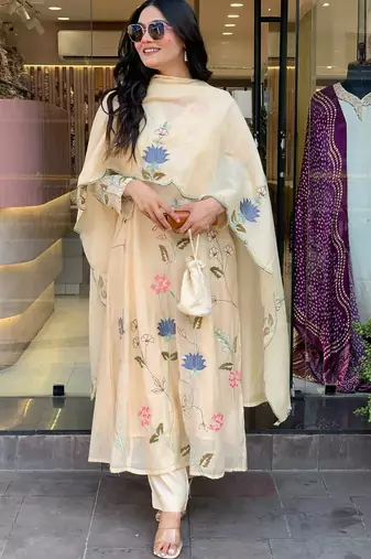 White Women's Cotton Fabric Straight Kurta, Pant and Dupatta Set