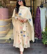 White Women's Cotton Fabric Straight Kurta, Pant and Dupatta Set