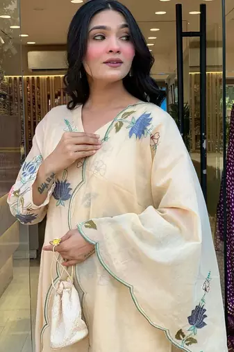 White Women's Cotton Straight Kurta Pant and Dupatta Set