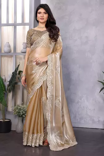 Ivory shimmer chiffon butta embroidery work bollywood saree