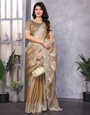 Ivory shimmer chiffon butta embroidery work bollywood saree 2