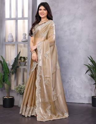 Ivory shimmer chiffon butta embroidery work bollywood saree 3