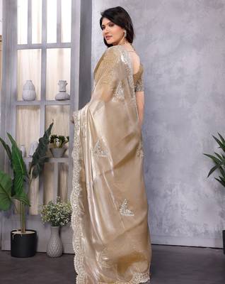 Ivory shimmer chiffon butta embroidery work bollywood saree 4