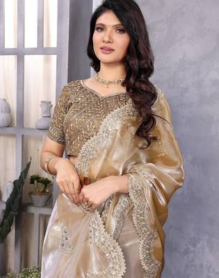 Ivory shimmer chiffon butta embroidery work bollywood saree 5