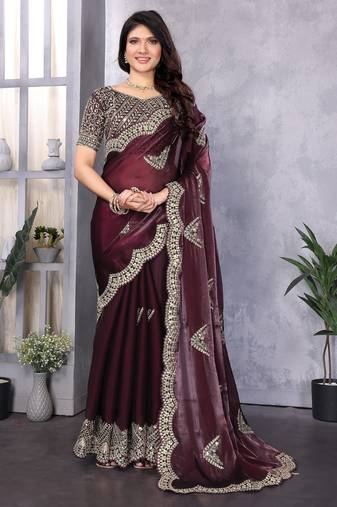Wine shimmer chiffon butta embroidery work bollywood saree