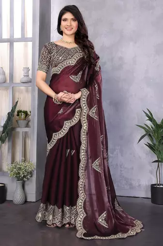 Wine shimmer chiffon butta embroidery work bollywood saree