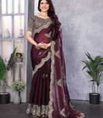 Wine shimmer chiffon butta embroidery work bollywood saree