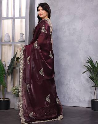 Wine shimmer chiffon butta embroidery work bollywood saree 4