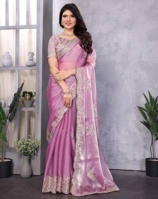 Lavender shimmer chiffon butta embroidery work bollywood saree 1