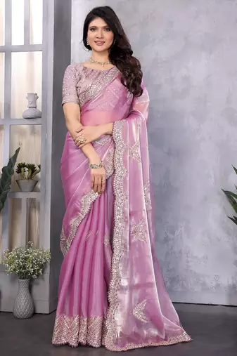 Lavender shimmer chiffon butta embroidery work bollywood saree