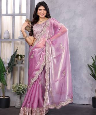 Lavender shimmer chiffon butta embroidery work bollywood saree 2