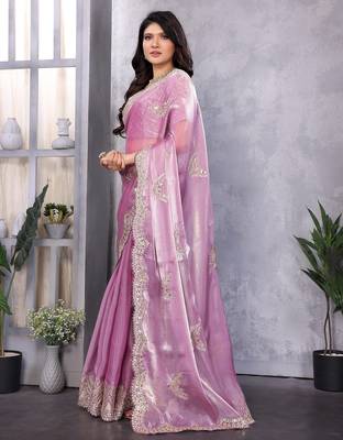 Lavender shimmer chiffon butta embroidery work bollywood saree 3