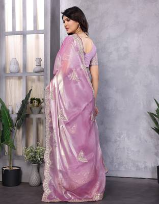 Lavender shimmer chiffon butta embroidery work bollywood saree 4