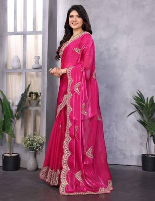 Hot pink shimmer chiffon butta embroidery work bollywood saree 2