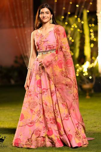 Peach Flower Print Satin Silk Lehenga Blouse With Dupatta