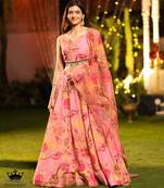Peach Flower Print Satin Silk Lehenga Blouse With Dupatta