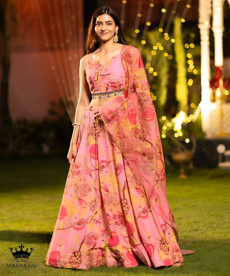 Peach Flower Print Satin Silk Lehenga Blouse With Dupatta