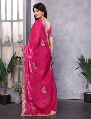 Hot pink shimmer chiffon butta embroidery work bollywood saree 3