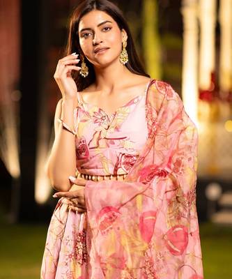 Peach Flower Print Satin Silk Lehenga Blouse With Dupatta 2
