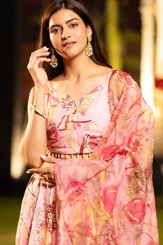 Peach Flower Print Satin Silk Lehenga Blouse With Dupatta