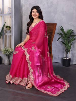 Hot pink shimmer chiffon butta embroidery work bollywood saree 4