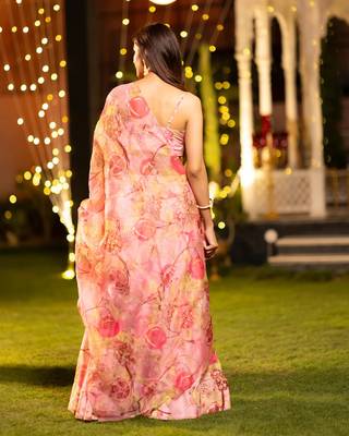Peach Flower Print Satin Silk Lehenga Blouse With Dupatta 4