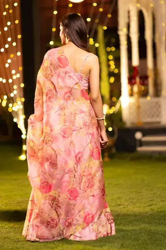 Peach Flower Print Satin Silk Lehenga Blouse With Dupatta