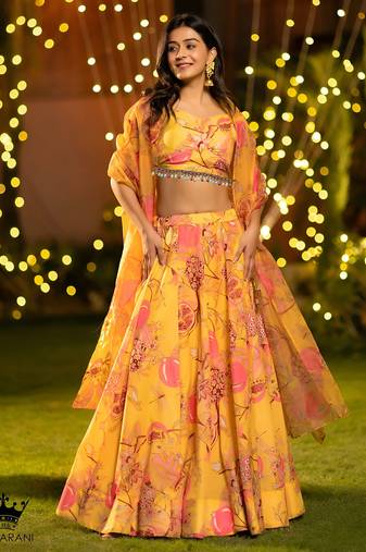 Mustard Flower Print Satin Silk Lehenga Blouse With Dupatta