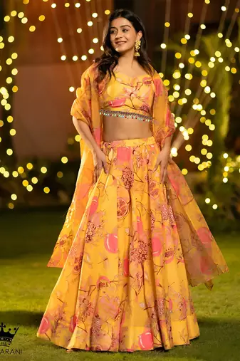 Mustard Flower Print Satin Silk Lehenga Blouse With Dupatta