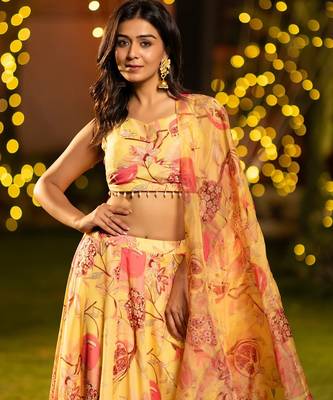 Mustard Flower Print Satin Silk Lehenga Blouse With Dupatta 2