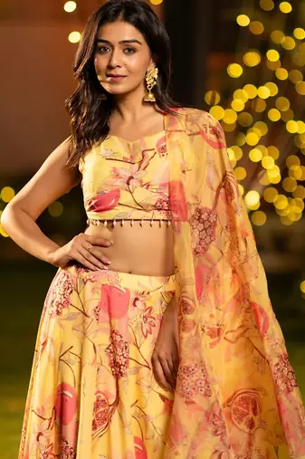 Mustard Flower Print Satin Silk Lehenga Blouse With Dupatta
