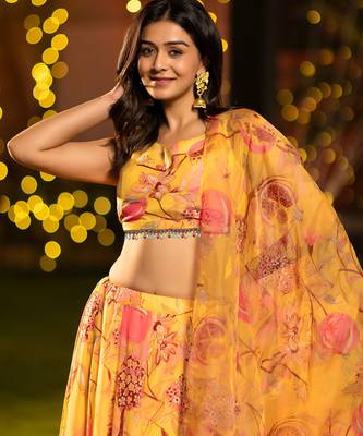 Mustard Flower Print Satin Silk Lehenga Blouse With Dupatta 3