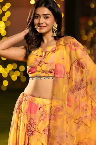 Mustard Flower Print Satin Silk Lehenga Blouse With Dupatta