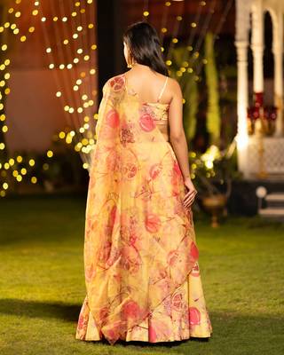 Mustard Flower Print Satin Silk Lehenga Blouse With Dupatta 4
