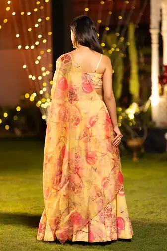 Mustard Flower Print Satin Silk Lehenga Blouse With Dupatta