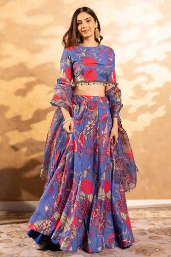 Blue Flower Print Satin Silk Lehenga Blouse With Dupatta
