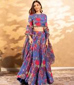 Blue Flower Print Satin Silk Lehenga Blouse With Dupatta