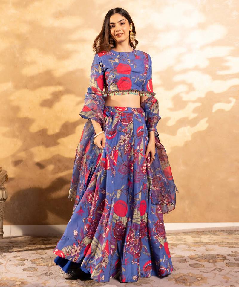 Blue Flower Print Satin Silk Lehenga Blouse With Dupatta