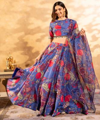 Blue Flower Print Satin Silk Lehenga Blouse With Dupatta 2