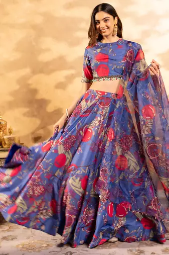 Blue Flower Print Satin Silk Lehenga Blouse With Dupatta
