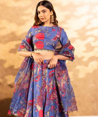 Blue Flower Print Satin Silk Lehenga Blouse With Dupatta 3
