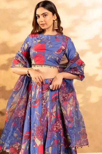 Blue Flower Print Satin Silk Lehenga Blouse With Dupatta