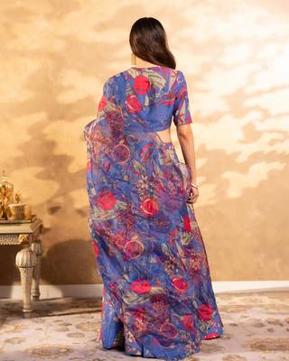 Blue Flower Print Satin Silk Lehenga Blouse With Dupatta 4