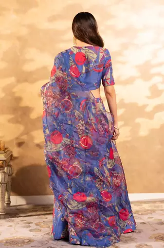 Blue Flower Print Satin Silk Lehenga Blouse With Dupatta