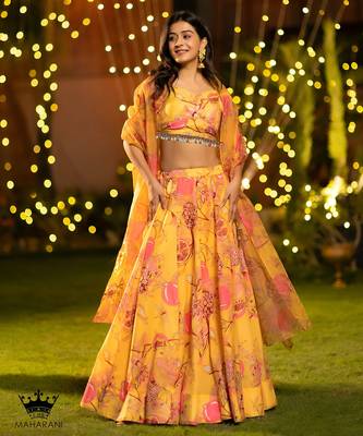 Mustard Flower Print Satin Silk Lehenga Blouse With Dupatta 5