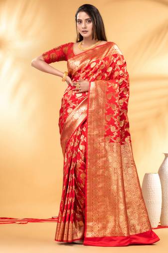 red katan banarasi silk blend saree with golden zari weaving