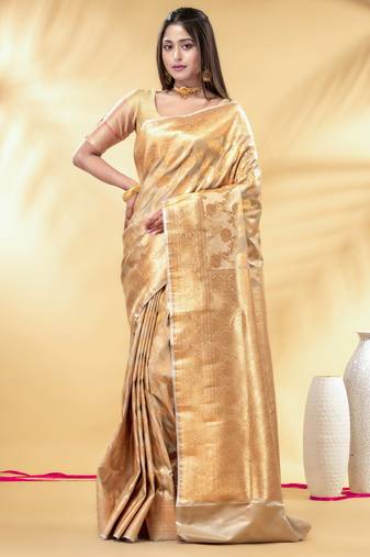 beige katan banarasi silk blend saree with golden zari weaving