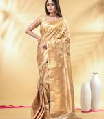 beige katan banarasi silk blend saree with golden zari weaving