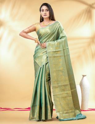turquoise blue katan banarasi silk blend saree with gold zari weaving 1